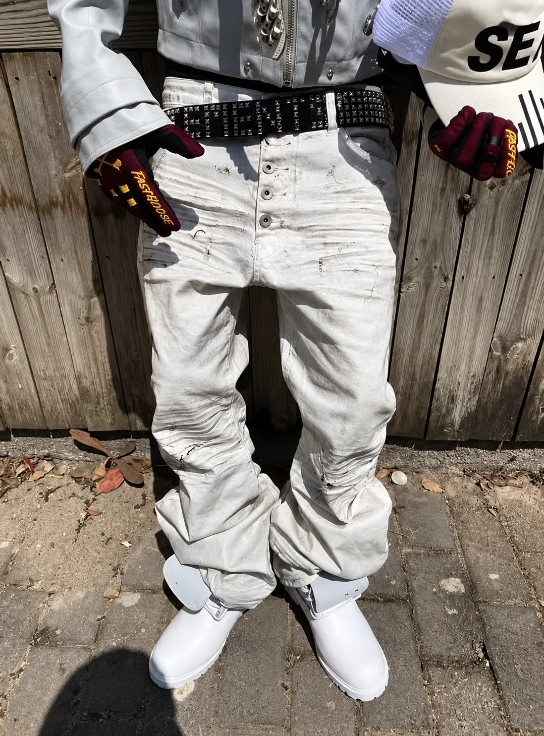White Distressed Stacked Denim Pants 3