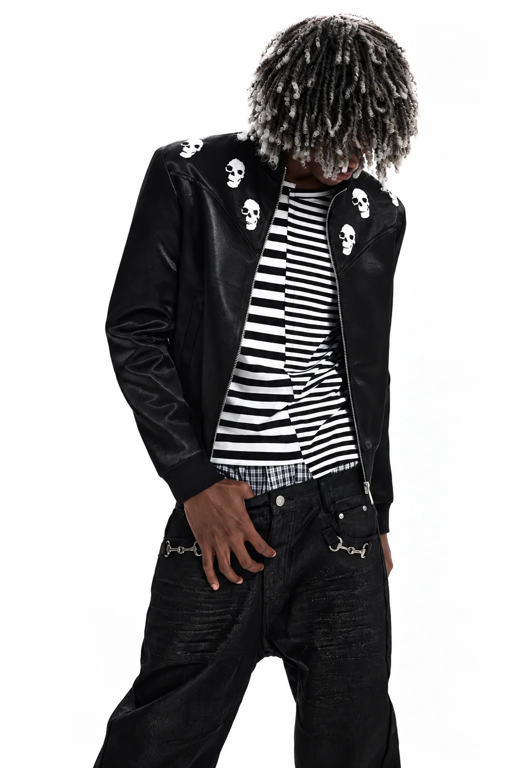 Skull! Print Leather Zip Jacket 5