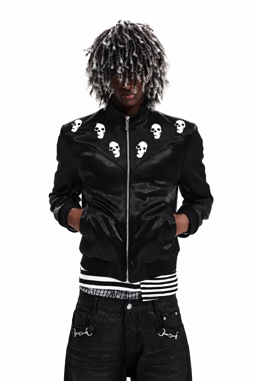 Skull! Print Leather Zip Jacket 1
