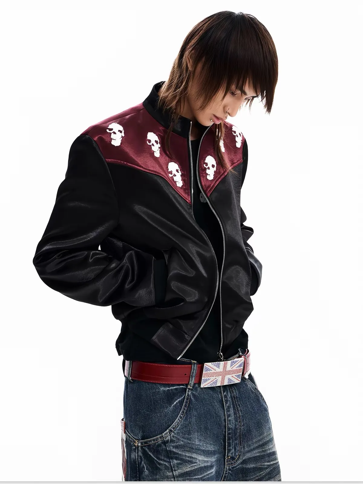 Skull! Print Leather Zip Jacket 3