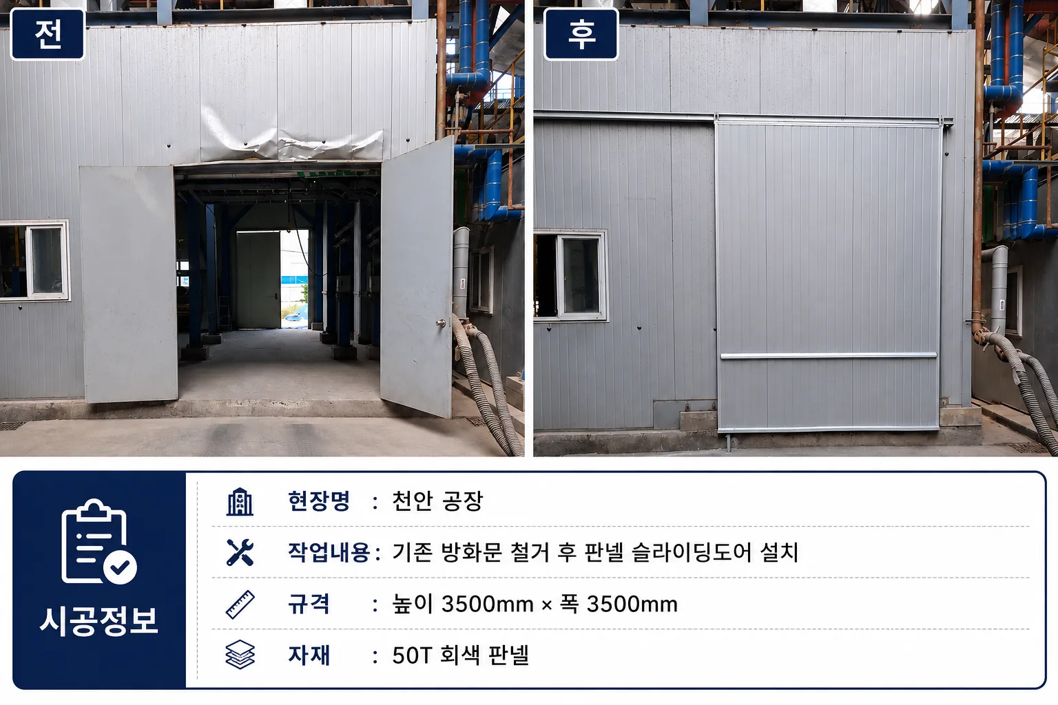 천안 공장 방화문 철거 후 판넬 슬라이딩도어 설치
