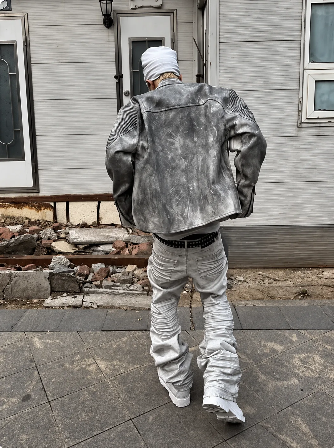 White Distressed Stacked Denim Pants 2