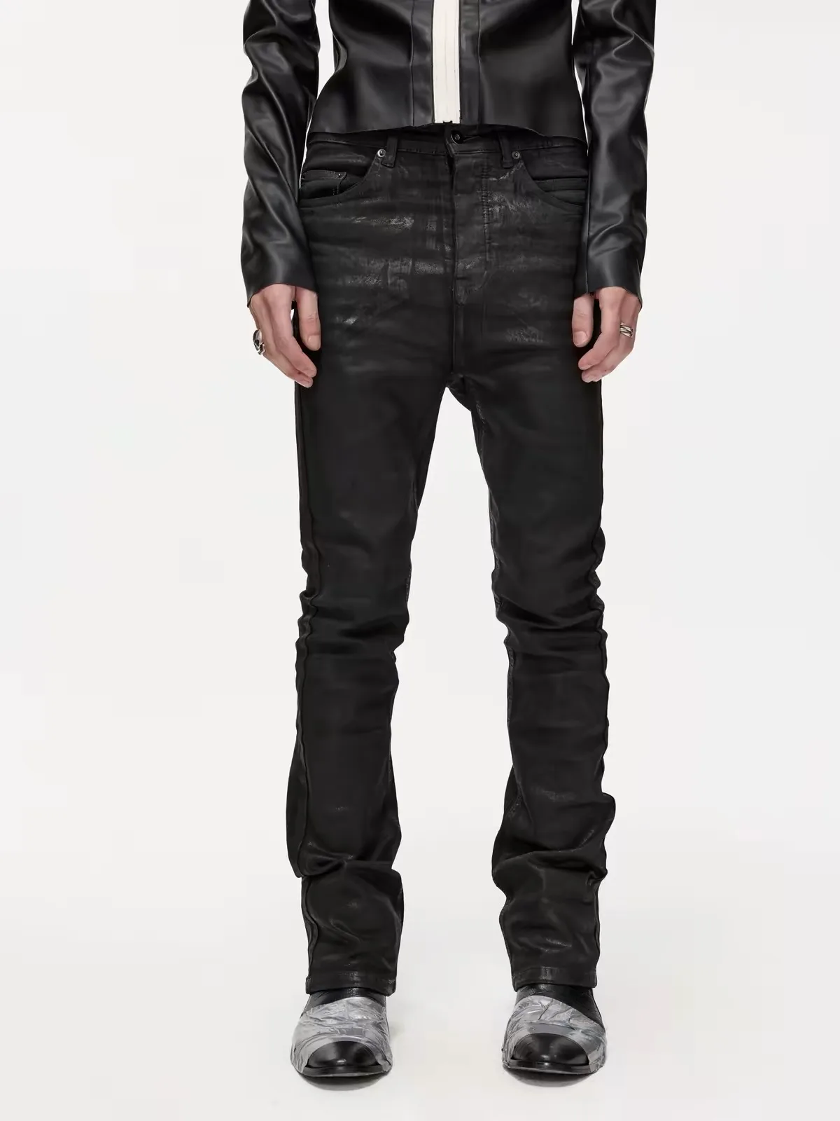 BLACK COATED STACKED DENIM PANTS 2