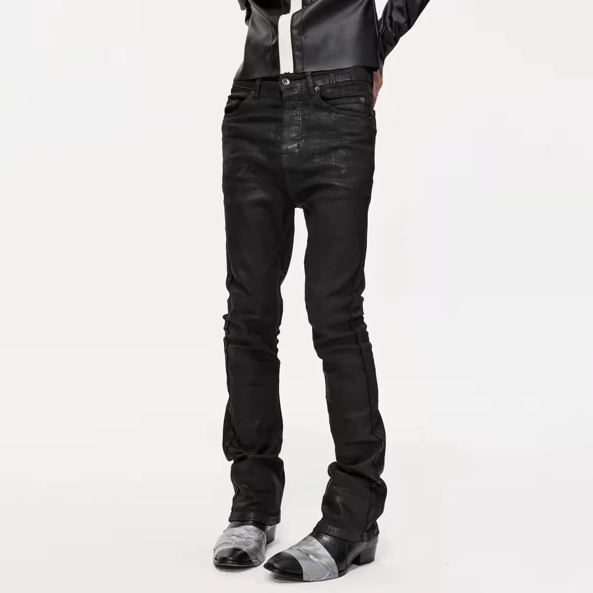 BLACK COATED STACKED DENIM PANTS 3