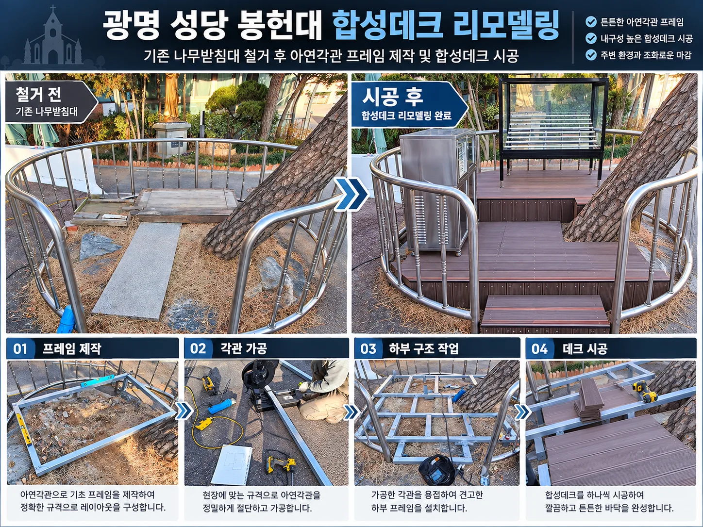 광명 성당 봉헌대 합성데크 리모델링,아연각관 프레임 제작부터 데크시공까지